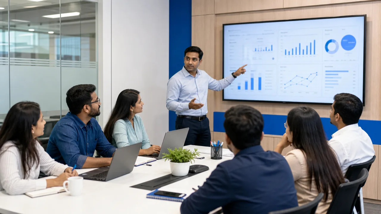 An instructor leading a corporate team through a live dashboard training session