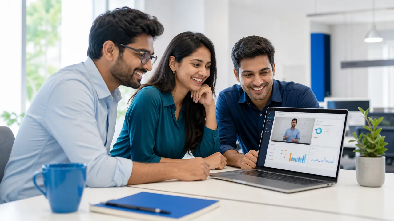 Three professionals smiling while attending a live Skynetiks Academy class on a laptop
